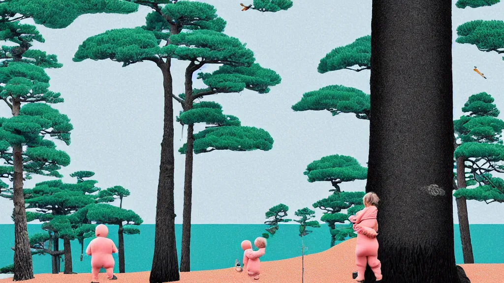 Prompt: a mama and baby bear at a seaside landscape with sequoia trees, japan, a collage painting, in the style of wes anderson, lola dupre, david hockney, isolated on negative white space background dark monochrome neon spraypaint accents volumetric octane render