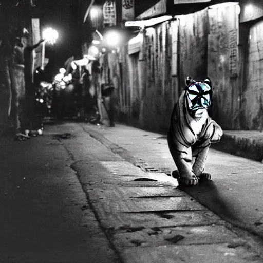 Image similar to retro photograph of a tiger smoking a joint in the streets of Dhaka at night, Kodak film photo