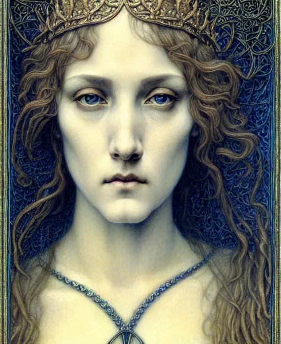 Image similar to detailed realistic beautiful young medieval queen face portrait by jean delville, gustave dore and marco mazzoni, art nouveau, symbolist, visionary, gothic, pre - raphaelite. horizontal symmetry