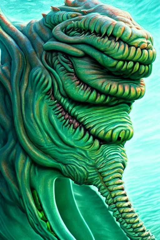 Image similar to hyperrealistic close-up pastel rococo sea monster! highly detailed concept art eric zener elson peter cinematic hard green lighting high angle hd 8k sharp shallow depth of field, inspired by David Paul Cronenberg and Zdzisław Beksiński