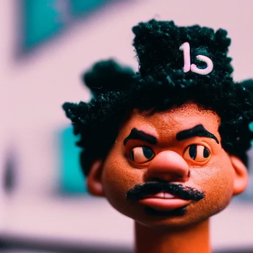 Image similar to a cinematic film still of a claymation stop motion film starring chance the rapper as a college student, shallow depth of field, 8 0 mm, f 1. 8