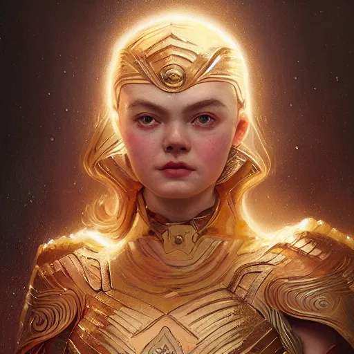 Prompt: head and shoulders portrait of modern darna, elle fanning in golden valkyrie armor, intricate, elegant, dark vibes, highly detailed, digital painting, artstation, glamor pose, concept art, smooth, sharp focus, illustration, art by wlop, mars ravelo and greg rutkowski