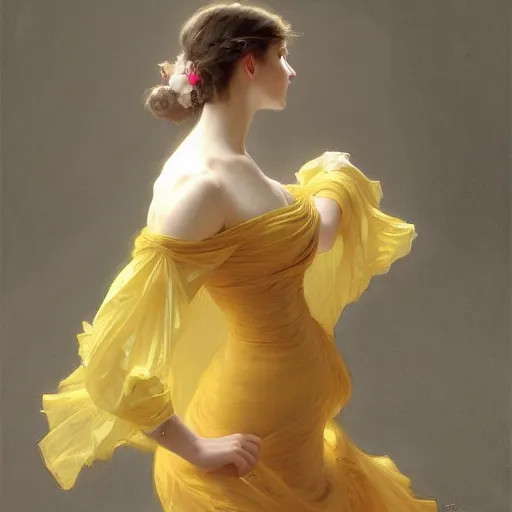 Image similar to a woman in a yellow organza dress dancing, intricate, elegant, realistic, smooth, sharp focus, rim light, illustration, by ruan jia and mandy jurgens and william - adolphe bouguereau, artgerm