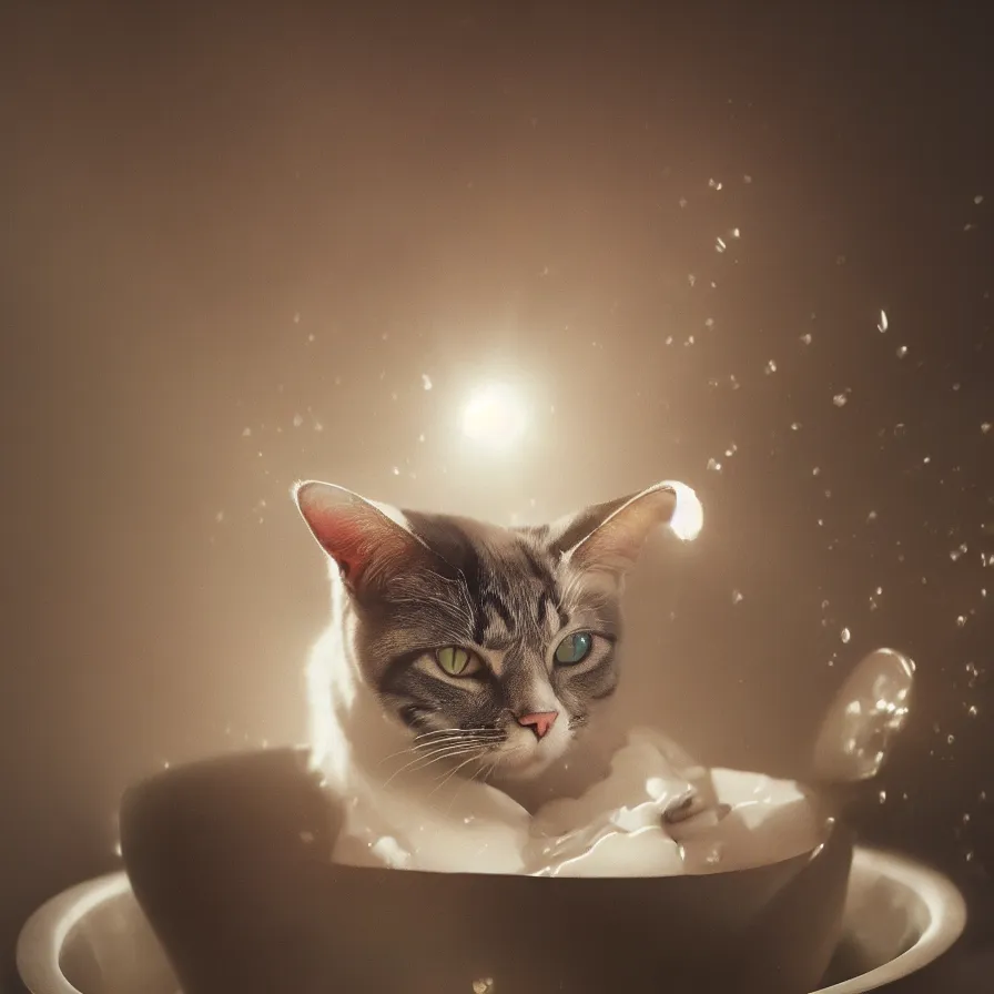 Prompt: an photo of a cat swimming in a bowl of milk, moody lighting, lens flare, atmosphere, glow, detailed, intricate, full of colour, cinematic lighting, trending on artstation, 4 k, hyperrealistic, focused, extreme details, unreal engine 5, cinematic, masterpiece