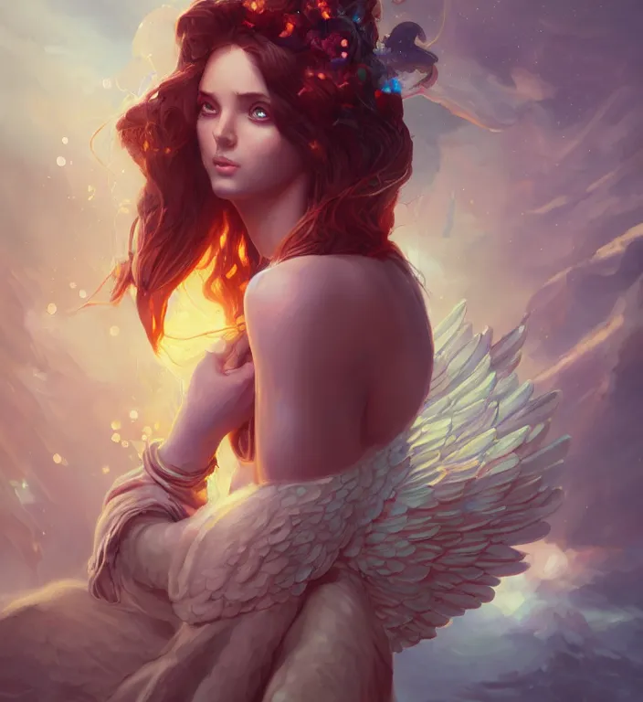 Image similar to centered waist up portrait photography an angel + bokeh + DOF + 8k, photorealistic + rendered in unreal engine + colors and composition by Peter Mohrbacher + line work by Dan Mumford , ultra realistic