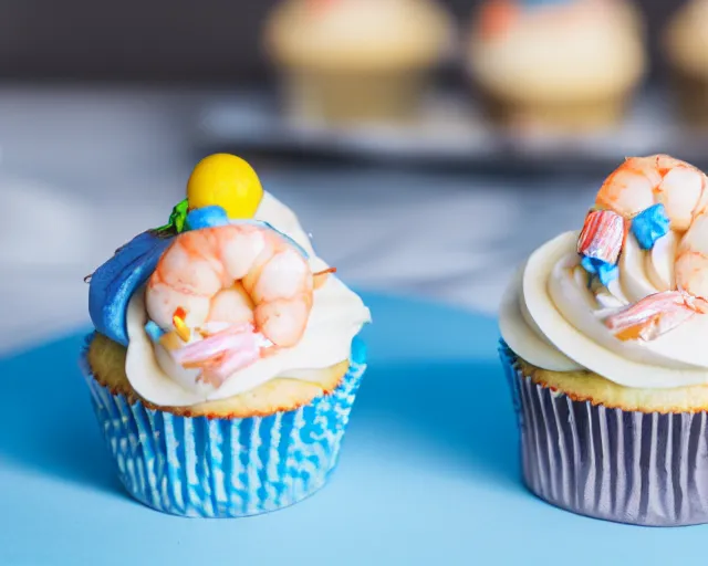 Image similar to dslr food photograph of a cupcake with blue frosting and a shrimp on top, close up, 5 0 mm f 1. 4