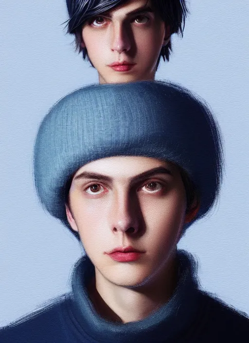 Image similar to portrait of teenage jughead jones wearing a light grey crown, crown, blue turtleneck, closed eyes, photorealistic, black hair, glowing lighting, intricate, elegant, glowing lights, highly detailed, digital painting, artstation, concept art, smooth, sharp focus, illustration, art by wlop, mars ravelo and greg rutkowski