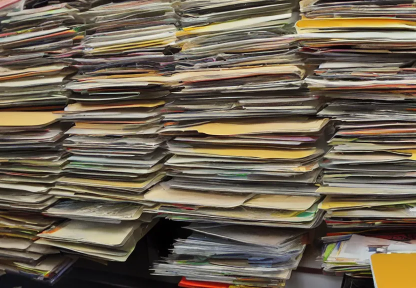 Prompt: an office filled with files so many files that are making hamburgers color 1 9 7 0 s film mary tyler moore hat toss