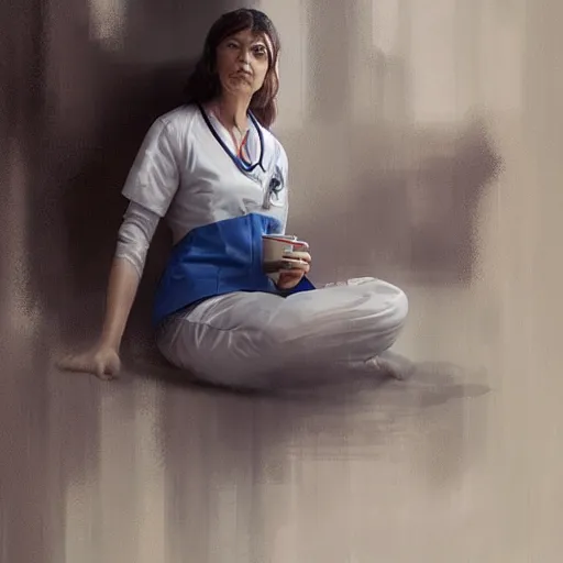 Image similar to a portrait of an nurse in a white uniform sitting and drinking coffee, Matte painting , detailed painting, greg rutkowski