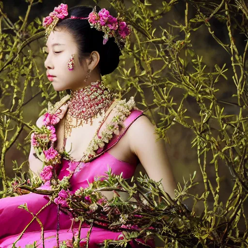 Image similar to photography of the asian queen sitting in the flower thorn, beautiful face, masterpiece costume, jewellery, high quality, elegant, emotionally touching, cool, deep gaze, mystery, tenderness rehahn style