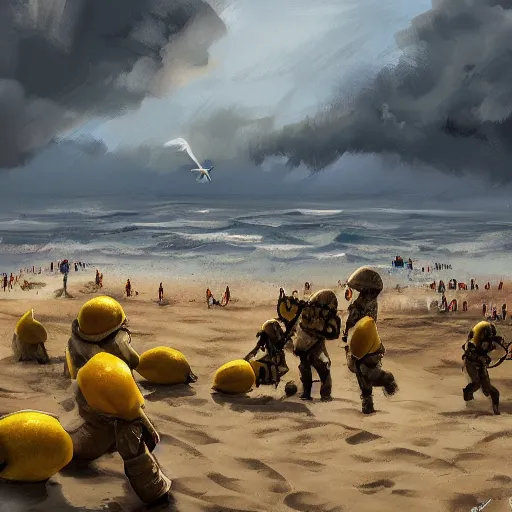 Prompt: lemons storming beach, dday, artstation,