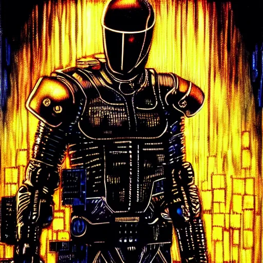 Image similar to keanu reeves as cyberpunk knight, atmospheric lighting, painted, intricate, golden hour, ultra detailed by philippe druillet