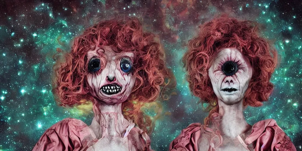 Prompt: photo of a cosmic doll with a terrifying and threatening face, horror surreal art
