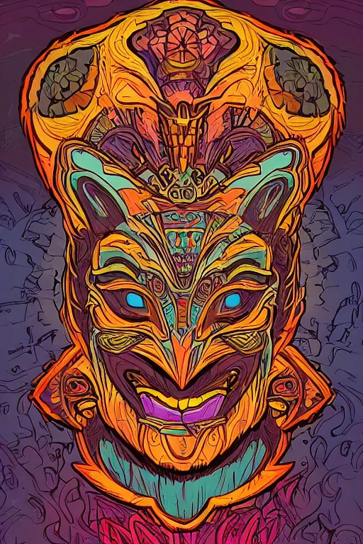 Image similar to animal mask totem roots flower tribal feather gemstone plant wood rock shaman vodoo video game vector cutout illustration vivid multicolor borderlands comics by josan gonzales and dan mumford radiating a glowing aura