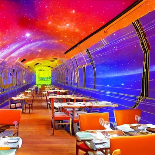 Prompt: the restaurant at the end of the universe, vivid colors, no man's sky.