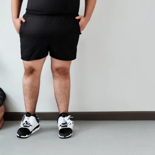 Prompt: chubby 20 year old 1/4 black white mixed male with large frame, long brown puffy curly hair, square jaw, wearing black rimmed glasses, athletic shorts, a t-shirt, and slides