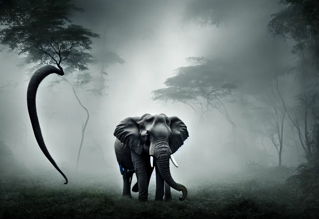 Prompt: an elephant king, his trunk is a huge tentacle, in a jungle with ominous light from above, ambient light, fog, river, symmetrical, poetic
