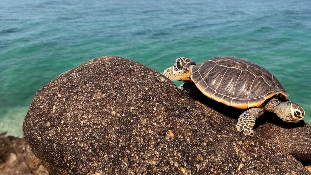 Image similar to a turtle on a rock looking at the sea, macro 8mm photo, the camera is behind the turtle