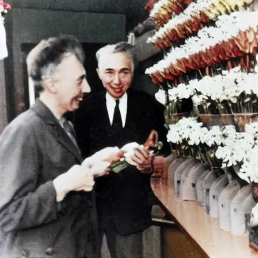 Prompt: color photo of robert oppenheimer selling flowers