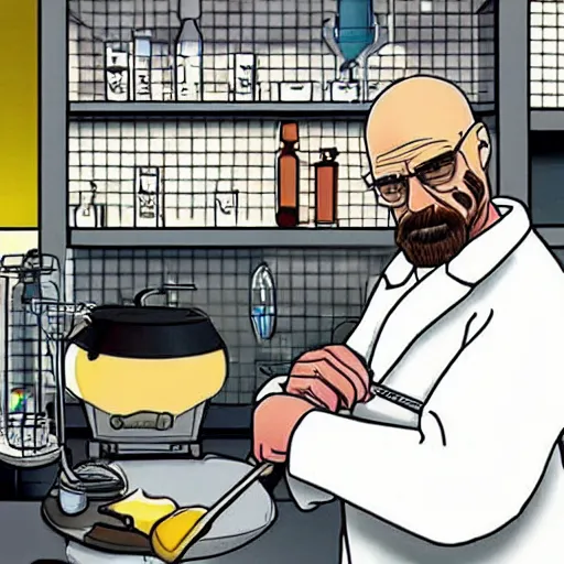 Image similar to walter white cooking meth in a laboratory in the style of the simpsons