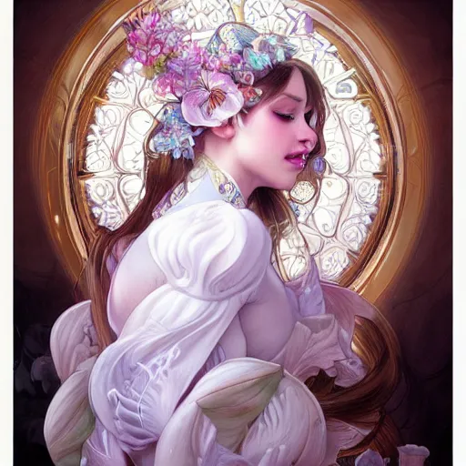 Image similar to a photograpic portrait of a anthropomorphic orchid wearing white clothes, iridescent colors, fantasy, intricate, elegant, highly detailed, digital painting, artstation, concept art, smooth, sharp focus, illustration, art by artgerm and H R Giger and alphonse mucha