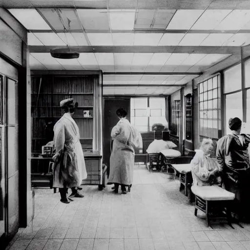 Image similar to an image of a civic hospital clinic, in a medium full shot, russian and japanese mix, high - key lighting, warm lighting, overcast flat midday sunlight, a vintage historical fantasy 1 9 1 5 photo from life magazine, professional cooperate, the new york times photojournalism.