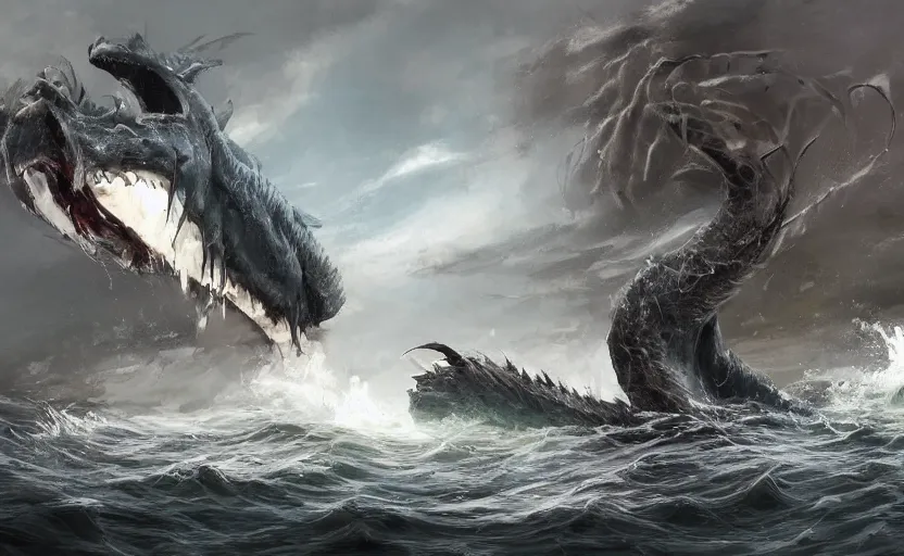 Image similar to huge sea monster crashing out of water on top of ship, artstation