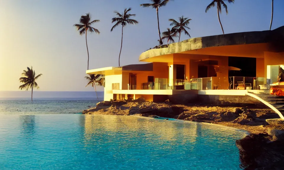 Image similar to 35mm film still, morning light over futuristic low-Fi villa on the beach at a tropical island, vivid , color palette of gold, infinity pool in front of house