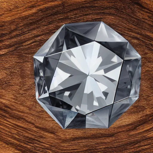 Prompt: dslr closeup photo still of a massive faceted cut diamond on an oak table with realistic caustics on table, 8 k, 8 5 mm f 1. 4