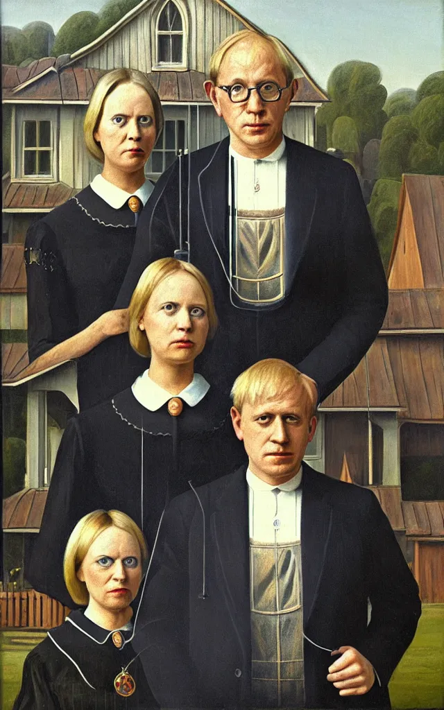 Image similar to boris johnson and liz truss standing together painting in the style of american gothic frant wood, hyper real ,