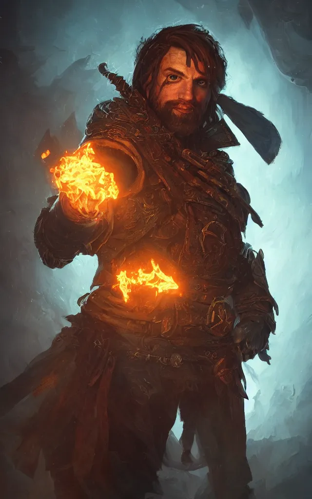 Image similar to an oil art portrait of young handsome fool adventurer, grim gwent card, gipsy blood mage adventurer character design from inquisition, 4 k, ultra detail, volumetric lighting, unreal engine, octane render