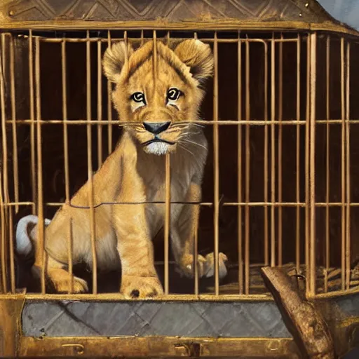 Prompt: panorama of an adorable lion cub in a cage within a medieval fantasy pet store, oil painting, by greg rutkowski