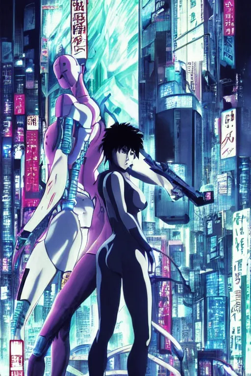 Prompt: ghost in the shell poster 1998 key art by makoto shinkai and Masamune Shirow