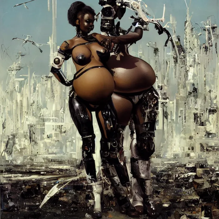 Image similar to pregnant african domme mistress, full body, black supremacy, rubber and latex, postapocalyptic, smooth white surroundings, future, high tech, concept art, realistic painting, digital art by john berkey, by takashi murakami