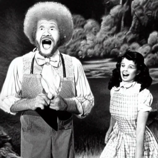 Prompt: bob ross screaming as dorothy in wizard of oz