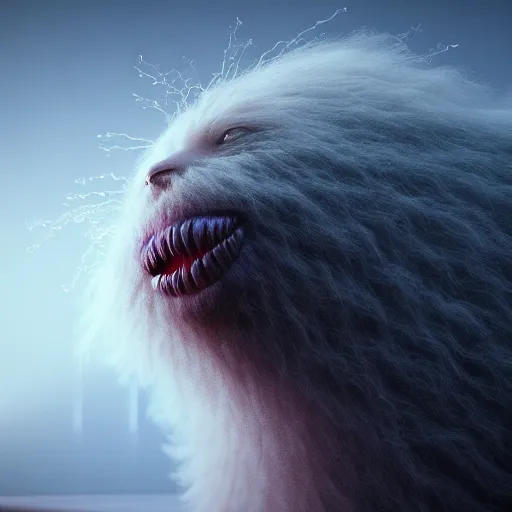 Image similar to cute chthonic fluffy monster by Ayami Kojima, Beksinski, Giger, vray render, unreal engine, 50mm lens, bottom angle