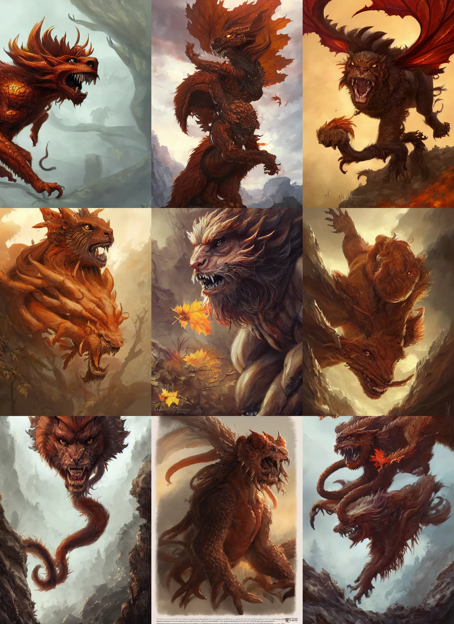 Prompt: autumnal manticore, d & d, fantasy, portrait, highly detailed, digital painting, trending on artstation, concept art, sharp focus, illustration, art by artgerm and greg rutkowski and magali villeneuve