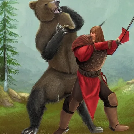 Image similar to medieval knight fights a bear. the bear is gigantic