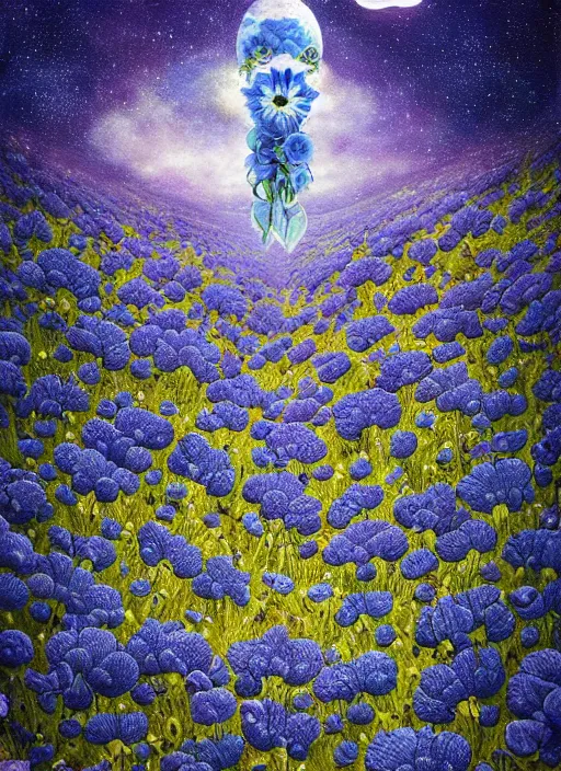 Image similar to detailed, intricate blue black and purple papaverum flower on the field, nebula, galaxy in the sky, winning award masterpiece, fantastically beautiful, illustration, aestheticly inspired, jacek yerka, upscale with anguissola sofonisba work, artstation, 8 k