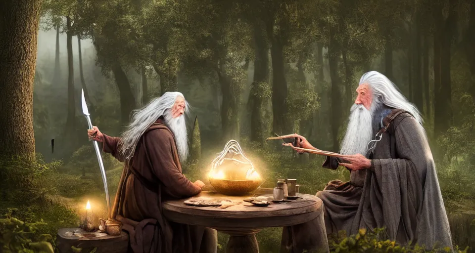 Prompt: A beautiful hyper realistic ultra detailed lifelike matte painting of Gandalf the grey casting a magic gigantic fork spell at crimson beehive in forest, unreal engine, deviantart, flickr, artstation, octane render, textured, colorful, extreme realistic detail, physically based rendering, pbr render, very detailed, volumetric lighting, detailed lighting, octane render, 4k, cinematic lighting, 8k resolution