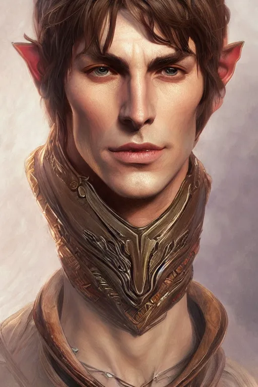 Prompt: up close portrait of a male wood elf, d & d, face, fantasy, intricate, elegant, highly detailed, digital painting, artstation, concept art, smooth, sharp focus, illustration, art by artgerm and greg rutkowski and alphonse mucha
