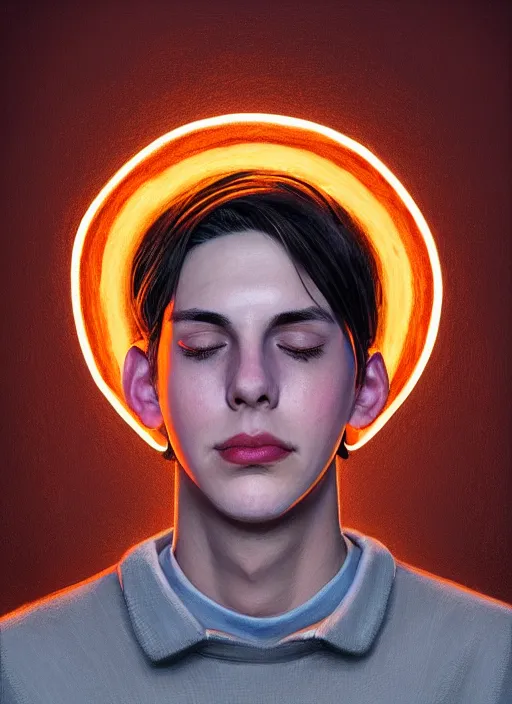 Image similar to portrait of teenage jughead jones wearing a light grey crown, crown, hamburger background, eyes closed, crown, black hair, orange, intricate, elegant, glowing lights, warm lighting, highly detailed, digital painting, artstation, concept art, smooth, sharp focus, illustration, art by wlop, mars ravelo and greg rutkowski