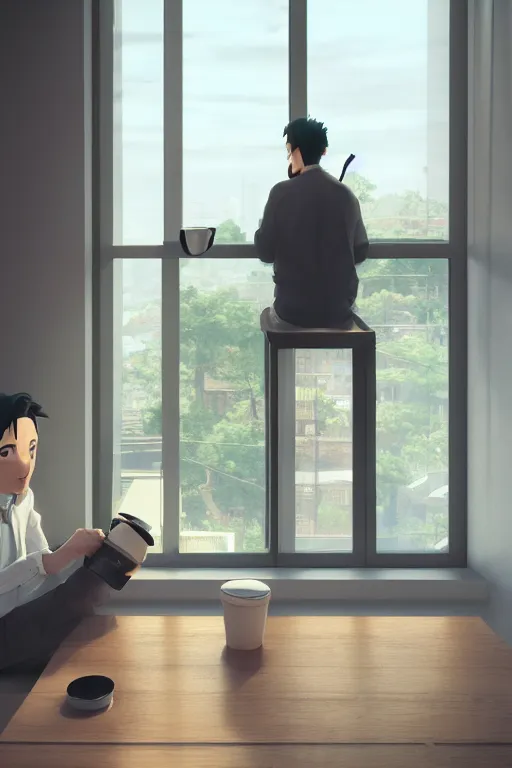 Prompt: a man sitting on a café table mext to a window and holding a cup of coffee at sunset, anime style, Pixar style, black hair, 4K, cartoon, concept art, octane render, unreal engine 5, path tracing, complementary colours, serene scene, warm, cute, natural lighting, high quality, highly detailed, high coherence, defined face, five fingers, anatomically correct, soft lighting