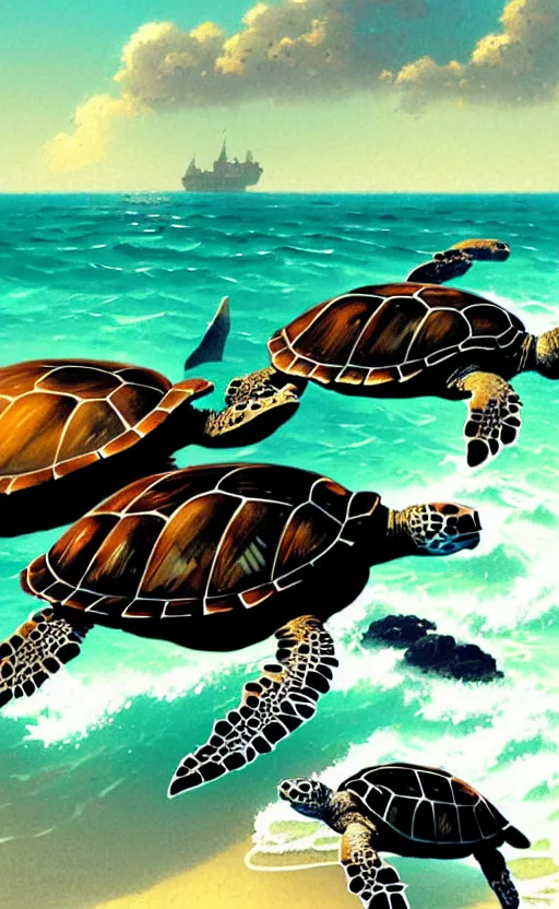 Image similar to sea turtles swimming in the ocean, by greg rutkowski