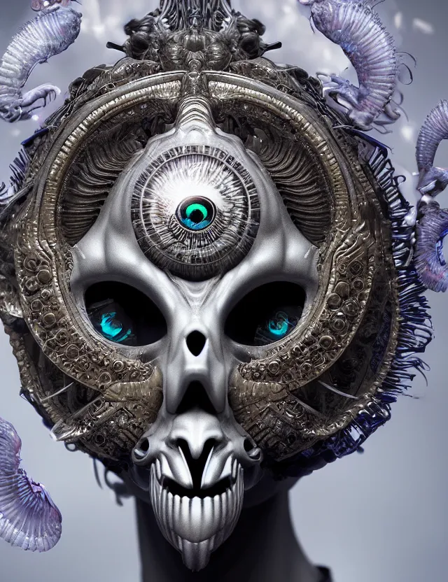 Image similar to eye of goddess macro close - up portrait with mask made of ram phoenix skull. betta fish, jellyfish, plasma, water, wind, creature, super intricate ornaments artwork by tooth wu and wlop and beeple and greg rutkowski