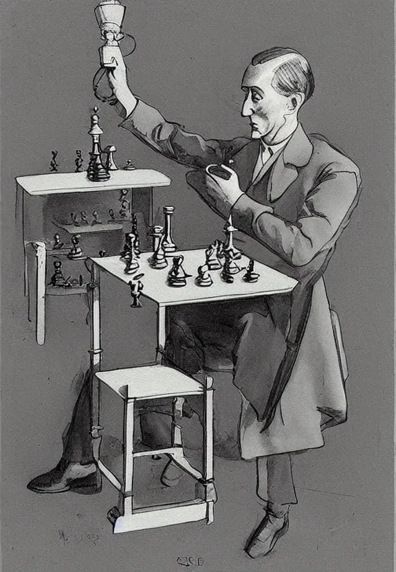 Image similar to a concept drawing of marcel duchamp holding up a chess - piece wire - machine, a surrealist painting by marcel duchamp, complex artificial - intelligence machinery, minimal sketch flow - chart, academic art, 1 9 2 0 s