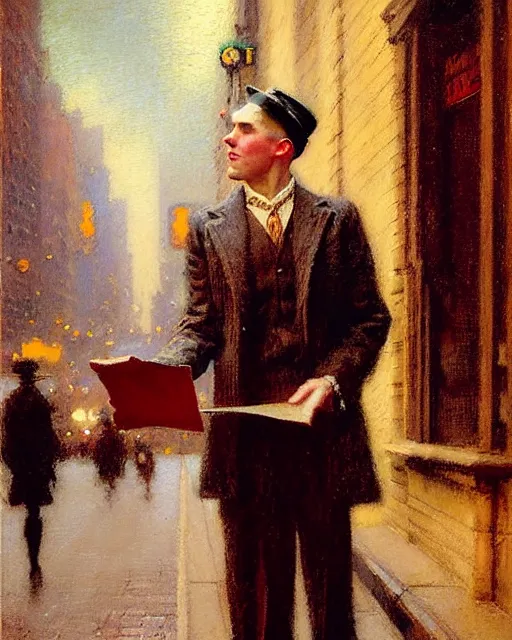 Prompt: attractive man handing out flyers to a broadway show, 1 9 2 0 s new york city, broadway, melancholy, nostalgia, painting by gaston bussiere, craig mullins, j. c. leyendecker