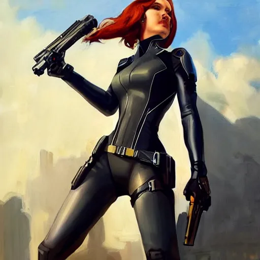 Image similar to greg manchess portrait painting of armored natasha romanova aka black widow as overwatch character, medium shot, asymmetrical, profile picture, organic painting, sunny day, matte painting, bold shapes, hard edges, street art, trending on artstation, by huang guangjian and gil elvgren and sachin teng