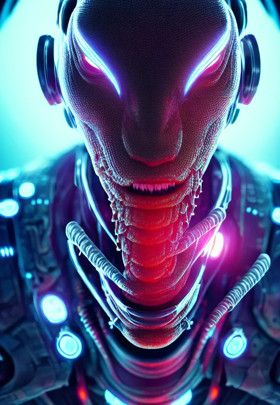 Image similar to ultra realist intricate detailed painting of a single attractive alien male, neon scales and cyborg tech, hyperrealistic, soft lighting, octane render