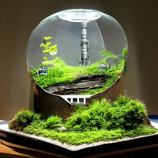 Image similar to a large terrarium with a diorama of a nuclear power industrial site inside on top of a minimalist table, lit from the side